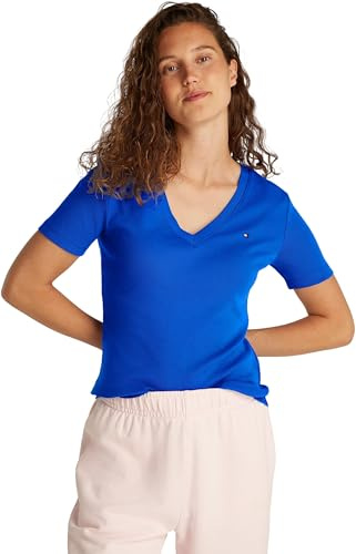 Tommy Hilfiger Camiseta de Manga Corta Mujer New Slim Cody con Cuello de Pico, Azul (Noble Blue), XS
