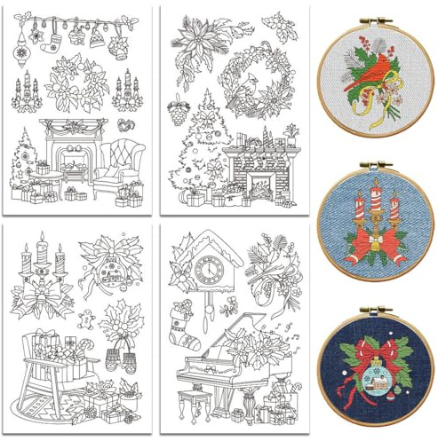 Peacoblue Stickmuster Set,Weihnachtsdeko Zuhausen Wasserlösliche Vorlage | 4 Blatt Stickvorlagen mit 20 Stück, Aufbügelbare Stickhilfe zum Abwaschen für Handstickerei Anfänger und Kreative