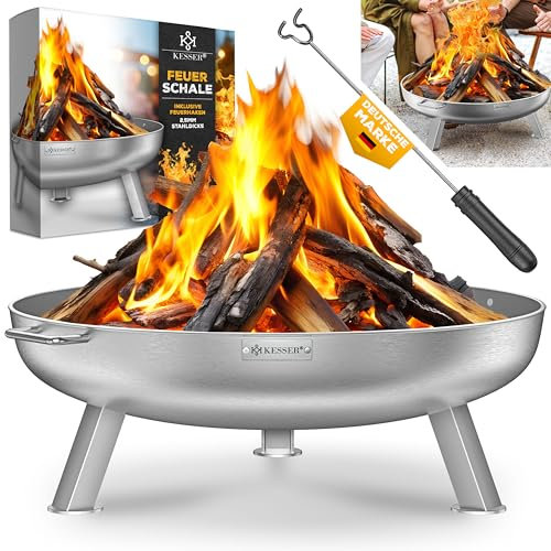 KESSER® Braciere spessore 2,5 mm | Braciere Ø 70 cm in acciaio legato | 2 cm gancio in ghisa per scarico dell'acqua e 2 manici stabili in legno e carbone per falò, giardino e terrazza