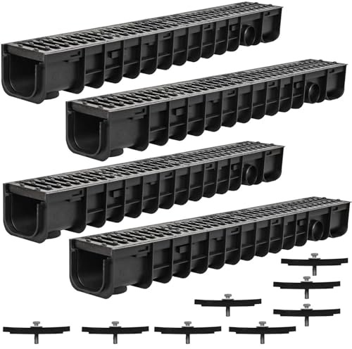 Mucola Entwässerungsrinne 4m Komplett-Set Gussrost C250 bis 25 t befahrbar | 4 Elemente je 100x14x11,5 cm, DN75 Ablaufstutzen, inkl. Diebstahlschutz, Stecksystem, für Einfahrt, Hof, Terrasse, Schwarz