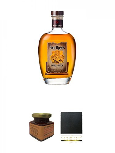 Four Roses Small Batch Straight Bourbon 0,7 Liter + Kentucky Bourbon Himbeer-Marmelade 150 Gramm Glas + Schiefer Glasuntersetzer eckig ca. 9,5 cm Durchmesser