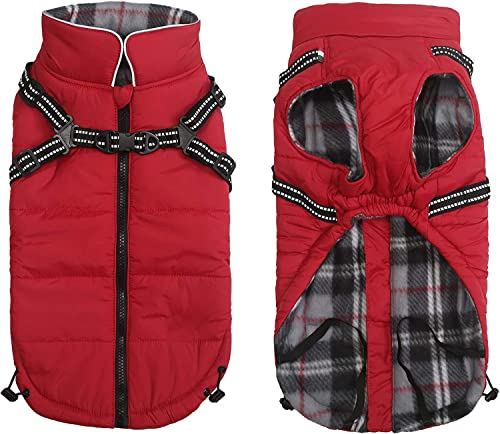 Pethiy -Super Warm Hunde wintermäntel mit Geschirr, Hundejacke mit Innenfleece, Wasserdichte Kleine Hundemantel Winterweste Hundepullover mit Brust gurt fur Haustier -Rot-S
