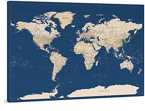 Trip Map Pinnwand Weltkarte - Leinwand Weltkarte Pinnwand mit Pins - Dunkelblau Farbe - zur Personalisierung - Gerahmte Weltkarte zum Pinnen - 150x100 cm; 120x80 cm; 100x70 cm Größen