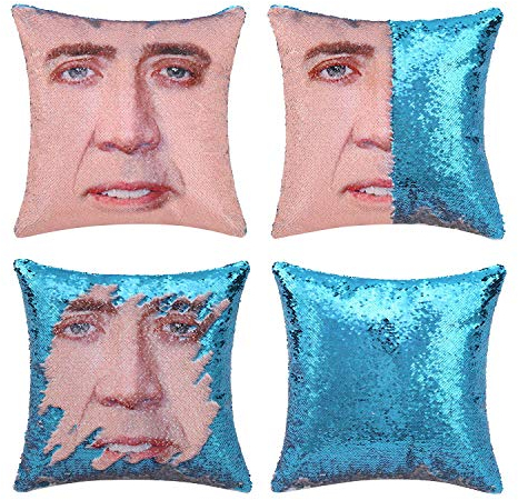 WANDER EU Meerjungfrau-Kissenbezug, Nicolas Käfig-Kissenbezug, magische Wende-Pailletten-Kissenbezug, dekorativer Überwurf, Kissenhülle violett (Mermaid Pillow Cover Blue)