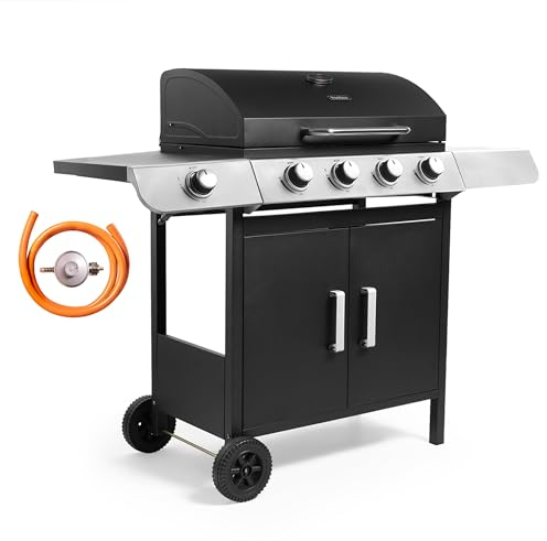 VonHaus Gas BBQ, 4+1 Burner Gas Barbecue with Warming Rack, Side Burner, Temperature Gauge, Cabinet Storage Shelf & Wheels, Portable, Steel & Chrome, Grill Meat, Fish, Veg in Your Garden Outdoor Space