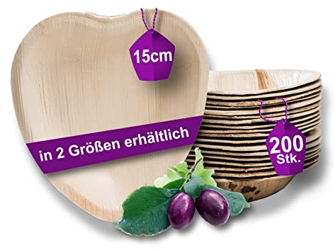 Waipur Assiette Jetable en Feuille de Palmier - 200 pcs. Cœur 15 cm - Petite Vaisselle Naturelle et Élégante - Chic, Résistante et au Design Unique - semblable au Bambou et au Bois