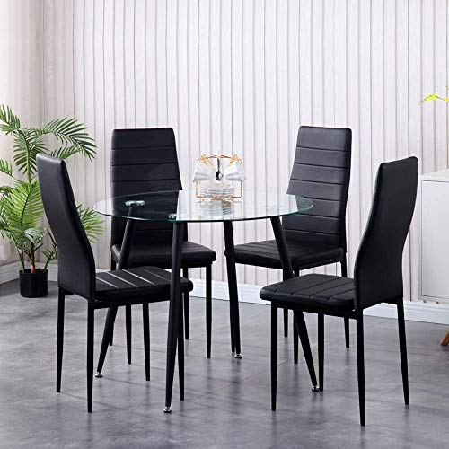 GOLDFAN Esstisch Glas mit 4 Stühlen Glastisch und Stuhl Esszimmergruppe Runder Tisch für Wohnzimmer Küche, Schwarz