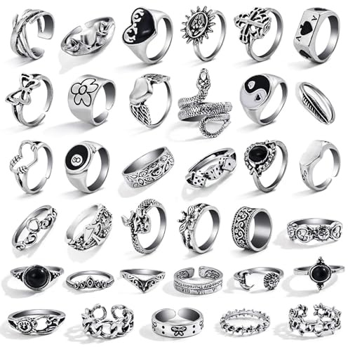 35 Pcs Vintage Silver Knuckle Rings Set for Women Men, Grunge Gothic Rings Chunky Aesthetic Snake Stackable Ring Adjustable Y2K Punk Bulky Boho Finger Alt Fairy Skull Frog Heart Star Flower Midi Ring Pack
