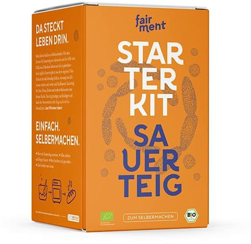 Sauerteig Starter Kit von fairment - Sauerteigbrot selber backen, inkl. Roggensauerteig Anstellgut (vegan, bio), Gärkörbchen, Teigschaber, Gärglas mit 473ml Fassungsvermögen, Rezept