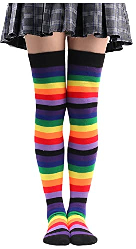 WENZHOU 1 Paar Regenbogen Overknee Strümpfe Kniestrümpfe Damen Lange Gestreifte Socken Mädchen Thigh High Socks Beinwärmer Schenkel Socken Baumwolle Color