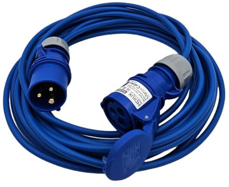 UK Made Mains Power Hookup Cable IP44 16 Amp CEE Plug to Coupler. Electric Extension Lead Blue (Length 10 Metres)