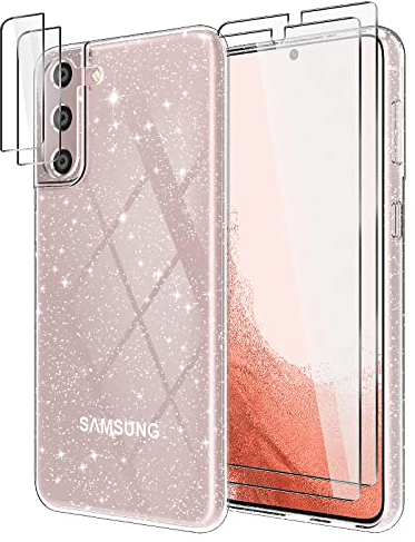 YIRSUR Glitzer Hülle für Samsung Galaxy S22 5G 2 Stück Schutzfolie und 2 Stück Kamera Panzerfolie, Handyhülle Transparent Slim Soft Silikon TPU Glitzernde Schutzhülle für Frauen und Mädchen