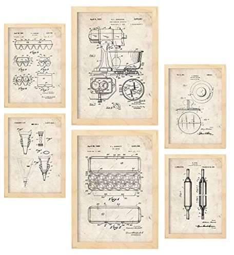 Nacnic Set de 6 láminas de Patentes Herramientas de Cocina. Pósters con Dibujos Retro de inventos Antiguos. Decoración de Interiores Estilo Vintage. Tamaños A4 y A3.