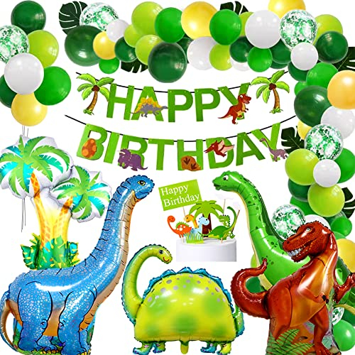 XXL Dino Geburtstag Deko, 60x 12 Latexballon, 6x Künstliche Tropische Palmblätter, 5x Dinosaurierthema Folienballon(4 Dinosaurier und 1 Kokosbaum),1x Dino Geburtstag Banner, 9x Dino Tortenaufsätze