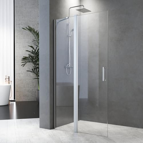 Duschabtrennung 120x185cm Walk-IN Duschabtrennung Duschwand Pendeltür Duschabtrennung mit Festteil und Eckregalen Drehtür Schwingtür Duschkabine 6mm NANO Sicherheitsglas Glas