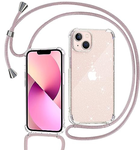 Tikgue Handyband für iPhone 13 Hülle mit Band, Handyhülle mit Kordel zum Umhängen Schutzhülle mit Kette Glitzer Transparent Weich TPU Silikon Bumper - Roségold