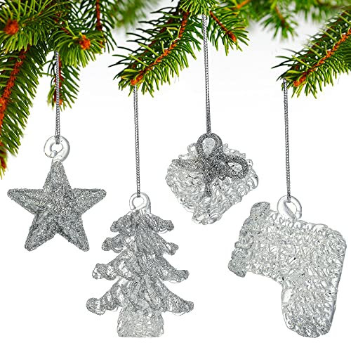 Weihnachtsbaum-Anhänger zum Aufhängen, 4 Stück, Mini-gesponnenes Glas, 2024, Weihnachtsbaumschmuck (Silber)