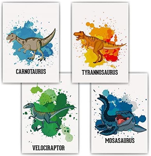 Dinosaurier Carnotaurus Trex Velociraptor Mosasaurus Bilder 4er Set DIN A4 Kinderzimmer Wandbilder Babyzimmer Poster Dekoration