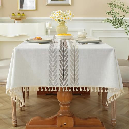 Pahajim Tischdecke Rechteckig Baumwolle Leinen Tischdecke Abwaschbar Antifouling Quasten Design für Küche, Esszimmer, Picknick, Outdoor, Garten(140 x 180 cm)