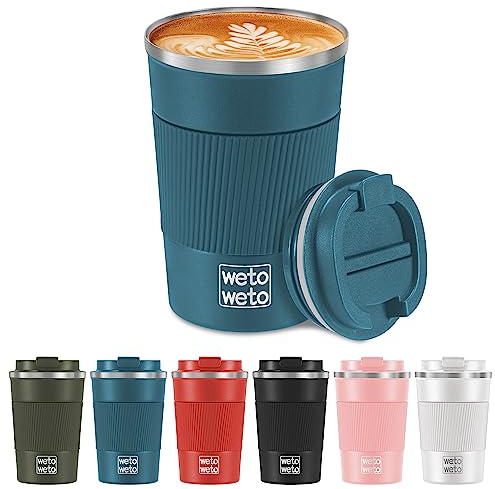WETOWETO 12 oz Insulated Coffee Cup, Spill Proof Travel Coffee Mug, Vacuum Stainless Steel Coffee Tumbler, Coffee Mug with Lid, Portable Thermal Mug, Reusable Travel Coffee Cup(Blue)