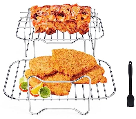 SUSNUAN 3 PCS Air Fryer Rack, Stainless Steel Air Fryer Double Layer Rack with 4 Skewers, Multi-Purpose Air Fryer Accessories, Suitable for Double Basket Air Fryer, Roasting Oven, Microwave