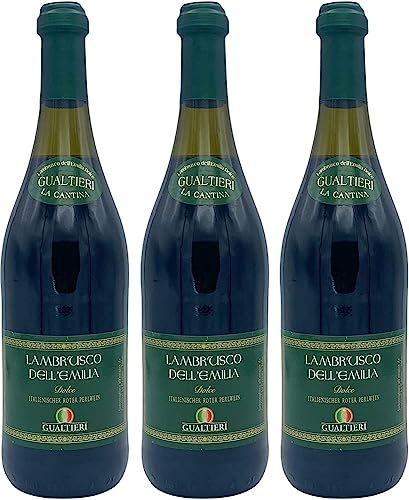 Lambrusco Gualtieri Rosso süß 3x 0,75l Dell Emilia | Roter Perlwein aus Italien | 7,5% Vol.| + 20ml Jassas Olivenöl