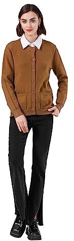 SMILING PINKER Veste en tricot femme à manches longues Cardigan Chaud Col rond Gilet en tricot Veste avec boutons et poches, marron, S