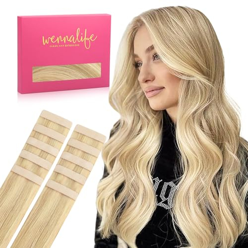 WENNALIFE Tape Extensions Echthaar, 30cm 20g 10 Stück Invisible Tape in Extensions Echthaar, Echthaar Extensions Tape, Remy Gerade Haarverlängerung Echthaar #16/22 Hellblond Highlights Goldblond