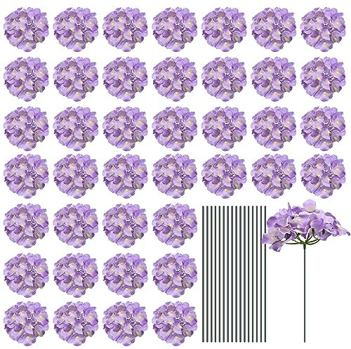 QUARKZMAN Soie Artificiel Hortensia Fleurs, Clair Violet Artificiel Fleurs Têtes avec Tiges, Complet Hortensia Fleurs pour Mariage Centres Table, Fête Décoration 30Ensemble