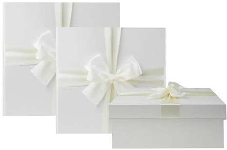 Emartbuy Ivory Box Rigid Gift Box with Ribbon Set of 3 Large, Medium, Small | Luxury Cardboard Presentation Box | Premium Packaging for Hampers, Birthdays, Weddings, Corporate Gifting