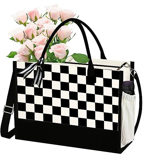 sundee Personalisierte Strandtasche aus Segeltuch mit Innentasche mit Reißverschluss, monogrammierte Geschenktasche für Hochzeit, Geburtstag, Urlaub, Schwarz und Weiß kariert, One Size