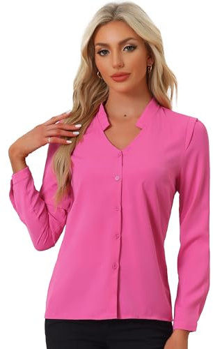 Allegra K Elegante Camisa Abotonada Cuello Alto con Escote en V Recortado Carrera Primavera para Mujer Fucsia XS