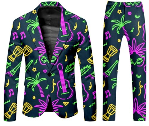 Anzug Herren Lustiger Masken Anzug Prom Suits Faschingskostüme mit Bunten Drucken 60er Jahre Pop Art Style Outfit Party Jacke und Hose,Karneval Mottoparty, Mardi Gras Karneval Kostüm Herren Anzüge