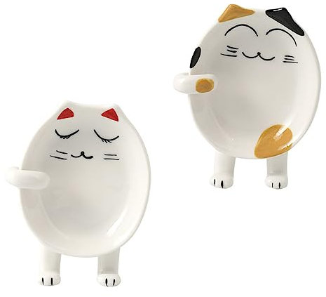 PRETYZOOM 2pcs Ceramic Spoon Rack and Pot Lid Holder in Cartoon Cat Shape, Heat Resistant Utensil Holder for Kitchen Utensils and Table Cutlery, Kitchen Gadget for Organising Supplies