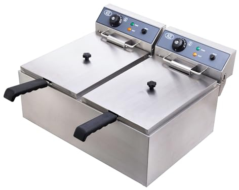 HAKKA Commercial Deep Fat Fryer, Double Tanks 17Lx2 Electric Large French Fries Chip Fryer with Removable Oil Containers Easy Clean 240V 6000W Stainless Steel Frying Machine with 2 Baskets & Lids