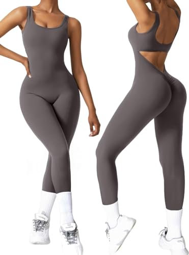 Vertvie Jumpsuit Damen Lang Eng Ärmellos Yoga Scrunch Butt Overalls Sexy Rückenfrei Bodycon Einteiler Strampler Ganzkörperanzug Playsuits Sport Gym Workout Sommer(Grau,L)
