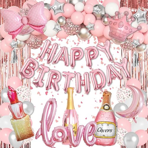 Rosa Silbrig Luftballon Girlande Kit Mädchen Geburtstag Party Dekoration Rosa Bogen Krone Lippenstift Love Happy Birthday Folien Luftballon für Mädchen Baby Shower Hochzeit Party Deko