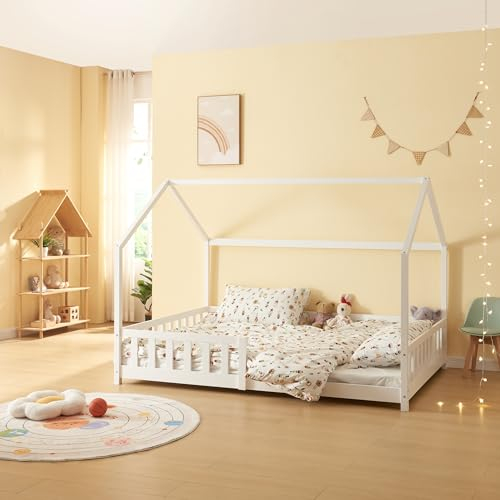 [en.casa] Kinderbett Hesel Hausbett Weiß 140 x 200 cm mit Rausfallschutz und Lattenrost Montessori Bodenbett Jugendbett Holzbett