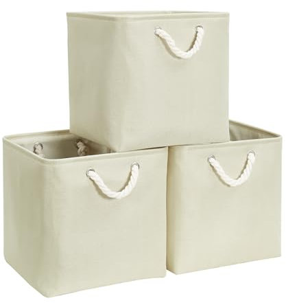 Mangata Aufbewahrungsbox 30x30x30 cm, Aufbewahrungskorb mit Griff, Aufbewahrung Korb Stoff für Regal, Schrank, und Kleidung (Faltbare, Hellbeige, 3er Set)