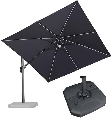 PURPLE LEAF Parasol Déporté Pivotant et Lumineux 3 x 3 m Carré avec Base Lestée, Parasol de Jardin Extérieur avec Tournez 60° des Deux Côtés et Rotation à 360°, Toile UPF 50+, Gris