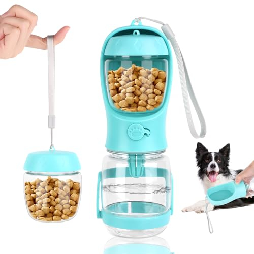 VFANDV Bouteille d'eau pour Chien, Gourde pour Chien pour Les Déplacements, avec Pied Contre Les Déversements et Distributeur de Nourriture pour Chat, Gamelle avec Valve Anti-Retour (Bleu, 350ML)