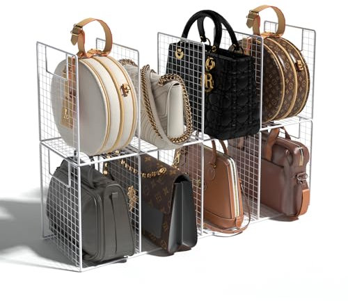 Rilime 2PC Closet Shelf Dividers, Adjustable Dividers Handbag Organizer,Stackable Wire Handbags Storage Baskets for Wallets Tote Chain Bags (L)