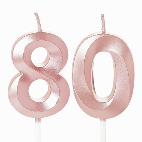 Rose Gold Number 80 Candles for Birthday Cake, 80th Birthday Candles 80 Birthday Candles 80th Candles for Cake, 80th Birthday Cake Candles Cake Toppers for 80 Year Old Women Rose Gold