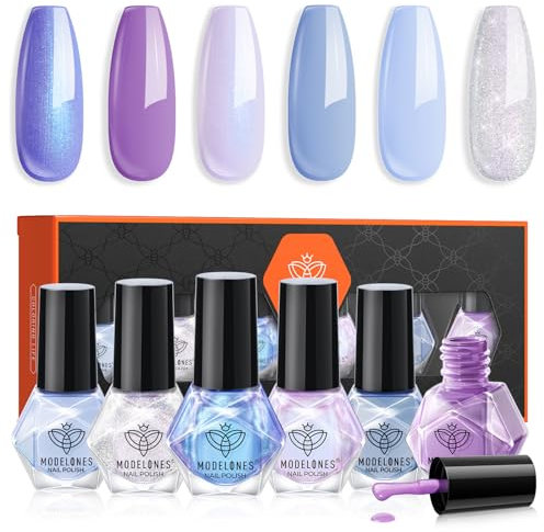modelones Nagellack Set 6 PCS, Nagellack Schnelltrocknend Aurora Glitter Blue Purple Nail Polish Set, Langanhaltender Gel Polish für DIY Salon Geschenk für Frauen Mädchen Maniküre Salon