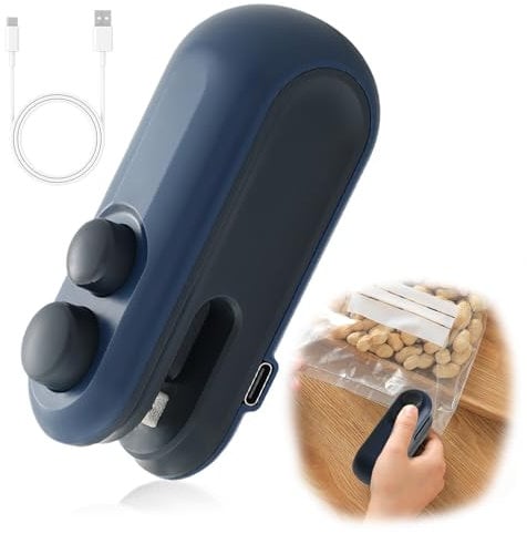 Mini Bag Sealer, 2 in 1 Portable Vacuum Food Sealer for Sealing and Cutting, 2024 New Rechargeable Handheldsealer Dark Blue Bag Sealing Machine for Food Chips Snacks Plastic FoodBags Fresh Storage