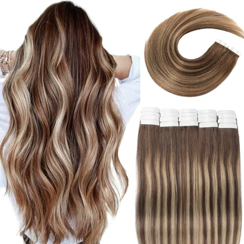 VINBAO Tape in Extensions Echthaar, Balayage Schokoladenbraun Gemischter Honig Blond Remy Invisible Hair Extensions Tape in Dickes 20pcs 50g 50cm Tape in 20 Zoll #4/27/4