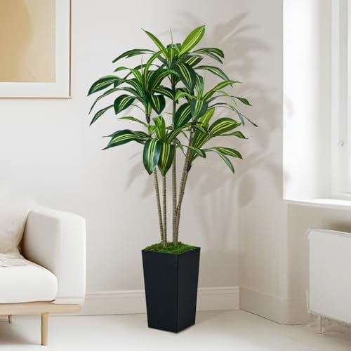 SJSCYD Artificial Dracaena Tree 5FT, Faux Tree with Black Tall Planter, Fake Yucca Tree Tall Faux Plants Indoor, Floor Plant for Home Office Living Room Garden Decor Outdoor, Housewarming Gift
