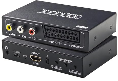 BolAAzuL AV SCART to HDMI Converter 1080P w/Power & Remote | 2-in-1, Composite CVBS & SCART(RGB) Input to HDMI Output Adapter, PAL/NTSC, for Retro Gaming Console DVD Player TV Monitor