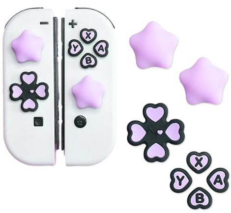 PERFECTSIGHT Cute D-Pad Button Caps Silicone Thumb Grips Set, ABXY Key Buttons Sticker Joystick Cover Caps Compatible with Nintendo Switch/OLED (Purple+Black Star Heart)