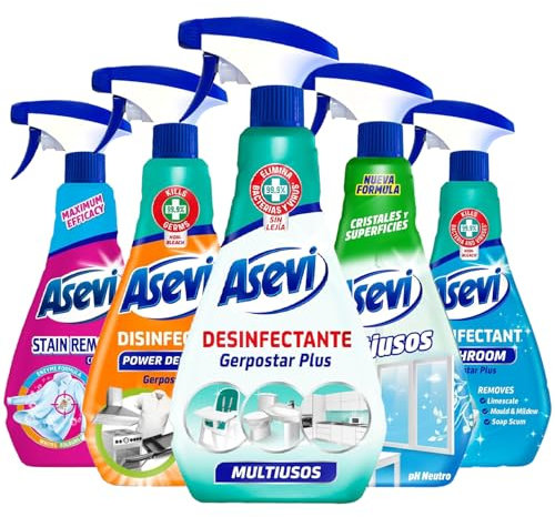 Asevi 5 Spanish Cleaning Products Bundle Giftset Kit Bathroom Cleaner 720ml Cloths Stain Remover 750ml Degreaser 720ml Disinfectant 750ml Window Glass Cleaner 750ml All in One Home Cleaning